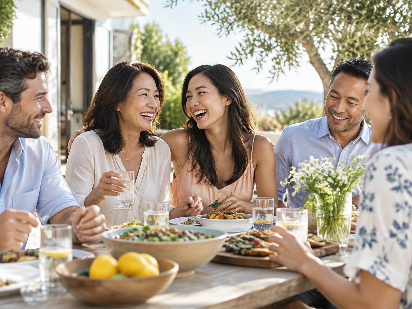 Family and friends sharing a joyful outdoor meal together