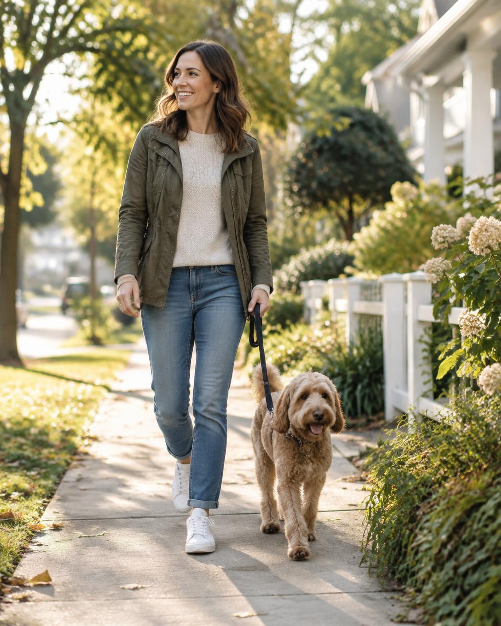 A younger adult walking peacefully with her dog on a sunlit street