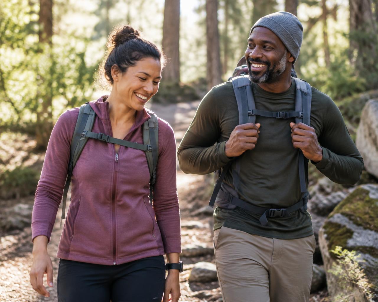 Two adult friends hiking together on a sunlit forest trail