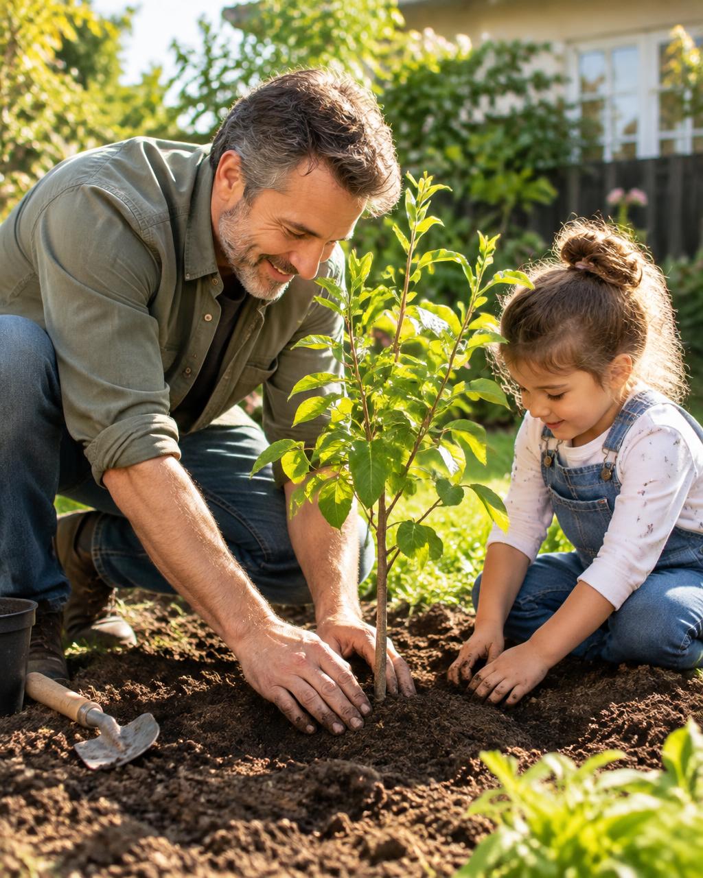 An adult planting a young tree in a backyard with a child nearby