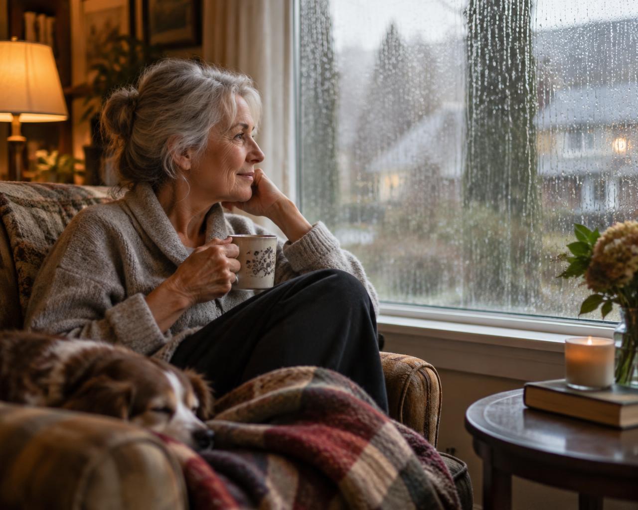 An older adult enjoying a quiet moment with coffee beside a rain-covered window