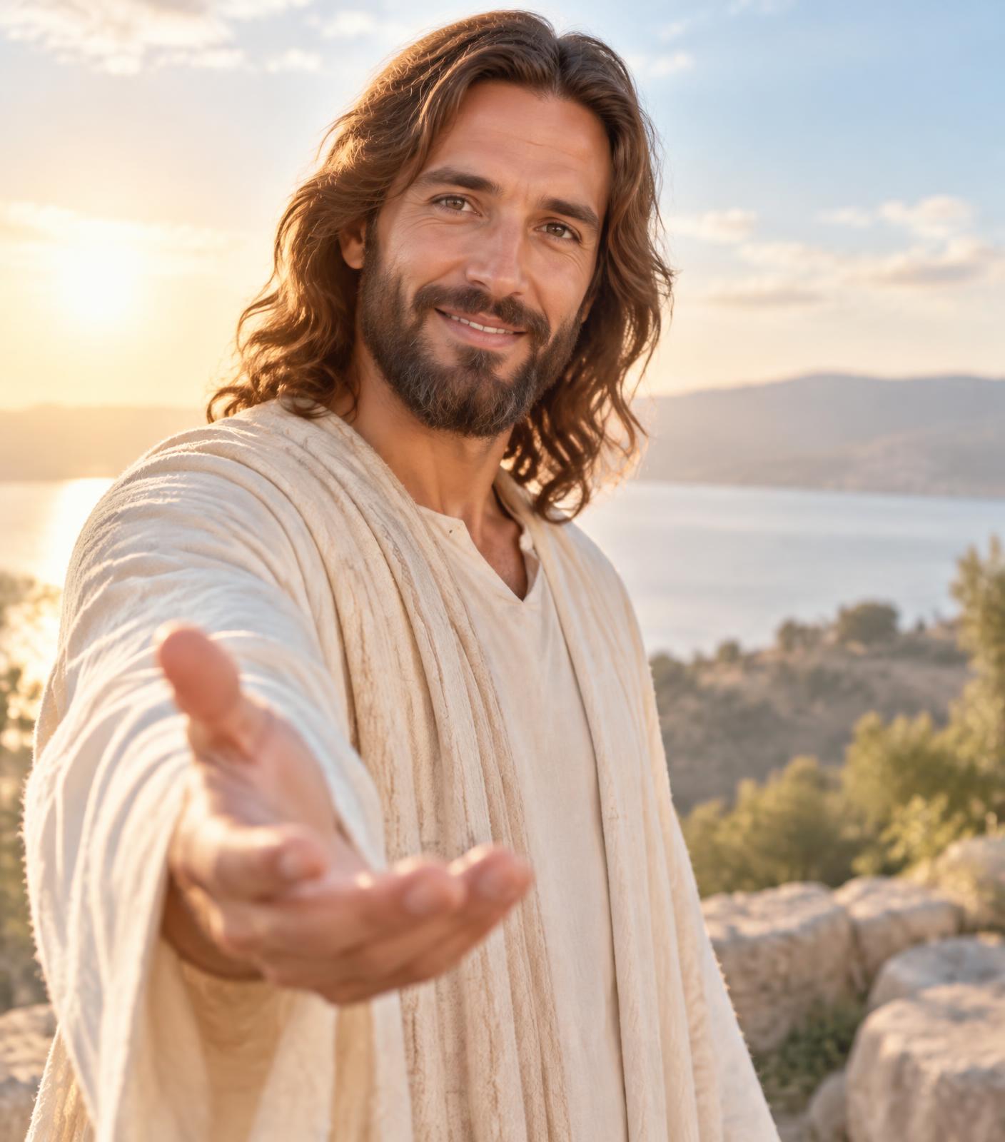 Jesus extending a welcoming hand in warm morning light