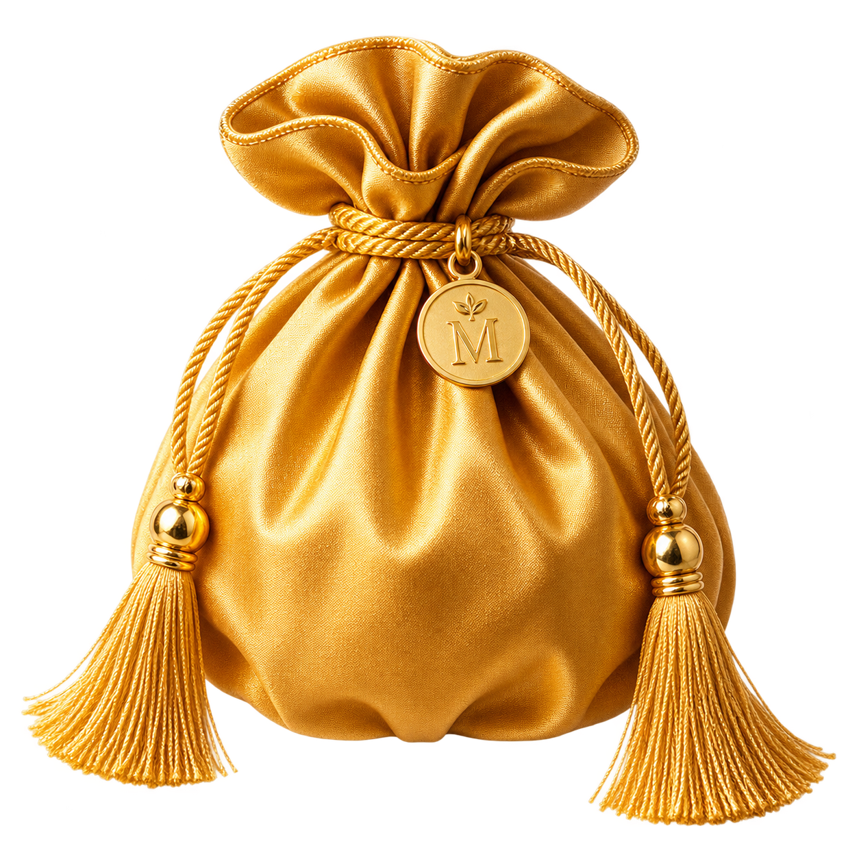 A golden satin drawstring pouch with tassel ties and a round medallion