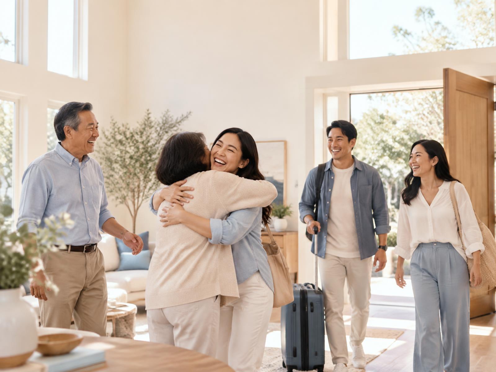 A daughter hugs her mother as the family arrives home with luggage, welcomed by her smiling father in a bright doorway